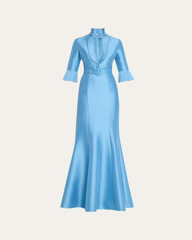Pleated-Trim Trumpet Mikado Gown
